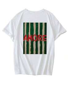 Camiseta de manga corta con cuello redondo, estampado minimalista de estilo italiano, nueva para el verano, de uso versátil y casual para mujeres,Playera Gráfica Casual para Mujer con Estampado| Verano 2026 - Blanco 2 - Ver 3