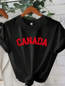 Diseño Sencillo[Camiseta de Manga Corta con Cuello Redondo]Diseño Gráfico Vibrante con la Palabra "Canadá" para el Día Nacional de Canadá-Perfecta para Entusiastas de la Estética Patriótica. Camiseta de manga corta con cuello redondo para mujer, con estampado gráfico artístico-una prenda casual y elegante, lavable a máquina para comodidad en todas las estaciones, cómoda para el uso diario, diseño elegante, tela duradera, ropa cómoda, material suave, camiseta estampada, ideal para quienes buscan comodidad. Elegante y Práctica para el Verano. - Negro - Ver 12