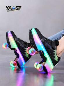 YAOSF Upgraded High-End Roller Skates - Wheels Light Up When Skating, One-Button Four Wheels Retractable, Fashion Luminous Roller Skates For Kids & Teens - Black - View 3