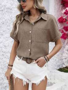 Camisa informal de mujer con cuello de H, blusas de manga corta - Caqui - Ver 6