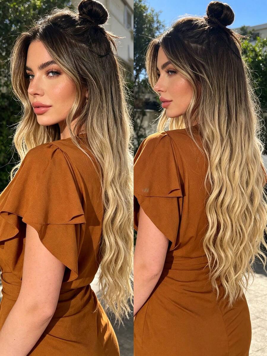 24 Inch V-Shaped Ombre Natural Wave Synthetic Wig, Heat Resistant Fiber Material, Suitable For Women, Girls, Party And Daily Wear