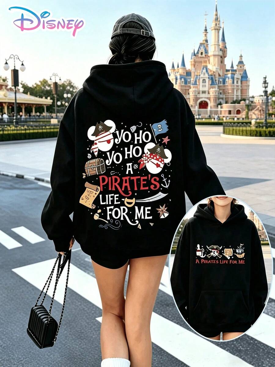 Disney Mickey Mouse Pirate Y2K Pattern Hoodie, Fun Double-Print Hoodie, Loose Fit, Versatile, Perfect For Holiday Gifts. (Women's Autumn/Winter Clothing/Elegant Women's Outfits/Patterned Hoodies/Printed Tops/Casual Outfits For Women/Women Trending Now/Holiday Co-Ord/Plus Size Friendly) - màu đen - Xem 1