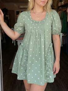 Women Short Puffy Sleeve Princess Tulle Dress Fluffy Mesh Fairy Mini Dress Bubble Sleeve Party Prom Dress - Green 2 - View 2
