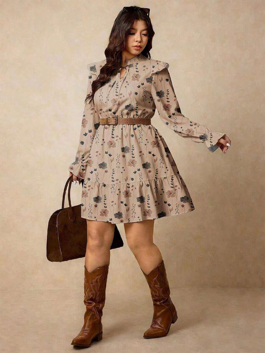 Vestido casual de manga larga con cuello de lazo, volantes y estampado floral para mujer de talla grande, apto para primavera/invierno - Multicolor 3 - Ver 1