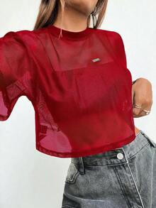 Top de malla negra de manga corta para mujer - Rojo - Ver 3