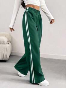 Pantalones informales de mujer con pierna suelta y efecto de contraste de color, para primavera/verano - Verde - Ver 5