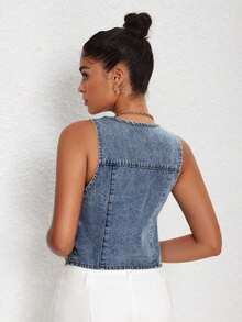 Chaqueta informal de mezclilla con cuello en V y abotonadura sencilla para mujer, primavera y verano - Lavado ligero - Ver 2