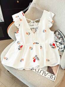 Blusa de mujer de talla grande con estampado floral de gasa, estilo casual de frente abierto tipo resort, versátil para primavera, verano y otoño - Blanco - Ver 2