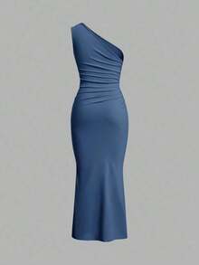 Vestido de fiesta largo hasta el suelo, sin mangas, con drapeado asimétrico y cola de pez, de unicolor para mujer - Azul lavado medio - Ver 2