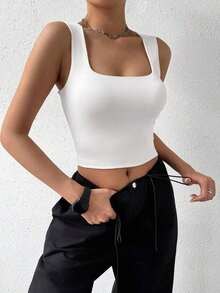 Top de depósito casual corto de verano para mujer con cuello cuadrado básico y unicolor - Blanco - Ver 8