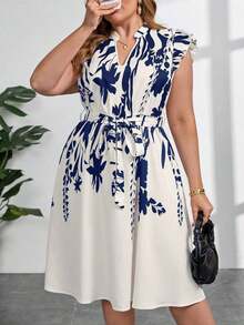 Vestido con estampado gráfico, cuello con muesca, volantes, cinturón, lunares, vestidos para mujer, vestidos casuales de primavera, vestidos de picnic, vestidos de verano, vestidos de primavera, vestidos de festival, vestidos de Pascua, vestid - Azul marino - Ver 4