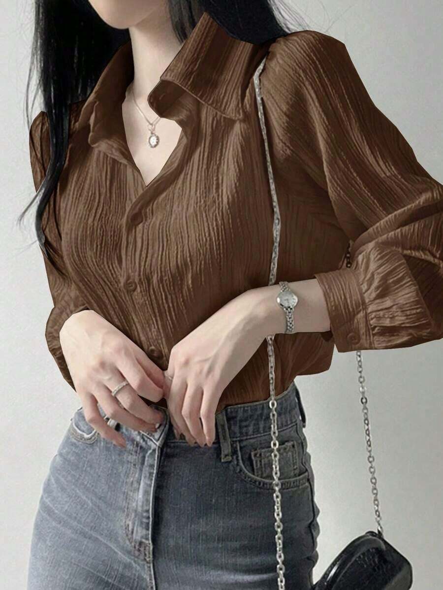 Blusa suelta de unicolor con cuello vuelto y pliegues para mujer, color morado, para primavera/verano/otoño, ropa de mujer de manga larga - Café integral - Ver 1