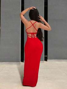 maxi de mujer de tela de punto de color marrón chocolate con tirantes finos y abertura en el bajo de lápiz - Rojo - Ver 5