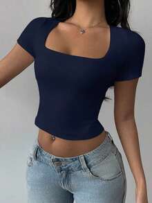 Top corto ajustado de mujer de punto con cuello convertible de unicolor - Azul marino - Ver 3
