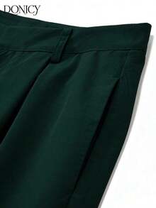 Pantalones rectos de cintura alta de unicolor para mujer, con pliegues, suaves y cómodos, versátiles y elegantes para uso casual urbano, adecuados para uso diario casual, citas, fiestas, San Valentín, carnaval y oficina - Verde Oscuro - Ver 3
