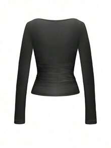 Blusa de manga larga de punto de talla grande para mujer, primavera/verano, sexy y estilizadora, unicolor con cuello cuadrado, casual - Negro - Ver 4