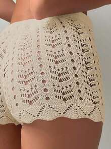 Shorts de cobertura con cintura con cordón y diseño hueco para mujer, ideales para vacaciones - Albaricoque - Ver 3