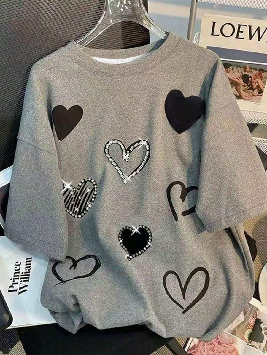de cuello redondo con estampado de corazón y rhinestones, de moda para el verano - Multicolor 3 - Ver 1