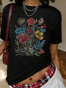 Camiseta con estampado floral estilo boho en tonos pastel, diseño de flores, estilo hipster, ropa urbana, camiseta con estampado 02, manga corta, cuello redondo, top casual para verano y primavera, ropa de talla grande para mujer, transpirable y cómoda. - Negro - Ver 1