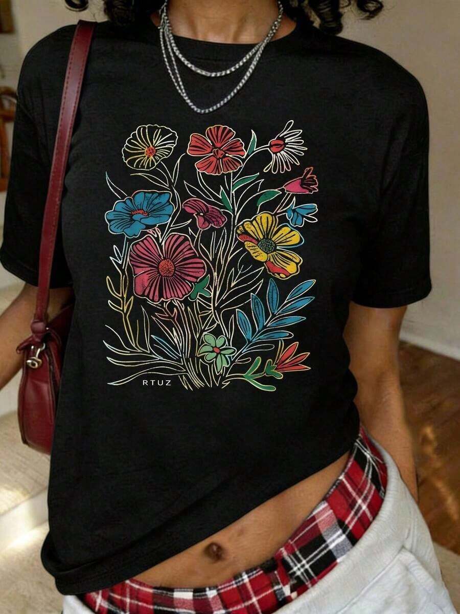 Camiseta con estampado floral estilo boho en tonos pastel, diseño de flores, estilo hipster, ropa urbana, camiseta con estampado 02, manga corta, cuello redondo, top casual para verano y primavera, ropa de talla grande para mujer, transpirable y cómoda. - Negro - Ver 1