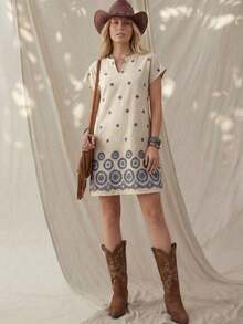 Vestido casual de mujer con estampado floral, cuello en V y manga corta para vacaciones - Azul y blanco - Ver 8