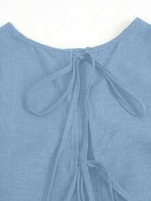 Conjunto casual de vacaciones para mujer, blusa con cuello redondo y estampado teñido anudado en la espalda, combinada con shorts estampados, para /verano - Azul - Ver 4