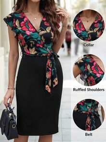 Vestido midi con estampado floral y cuello en V con mangas cortas, elegante para vacaciones - Multicolor - Ver 1