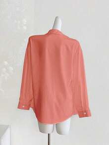 Camisa casual de manga larga, de un solo pecho, de unicolor y holgada para mujer - Naranja Coral - Ver 2
