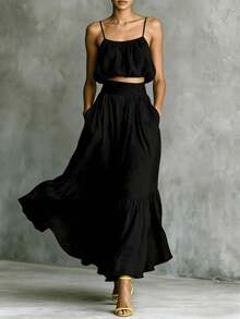 Bohemian Two-Piece Set For Women In Chiffon, With Short Camisole With Thin Straps And Long Skirt With Ruffled Hem. - Black - View 1