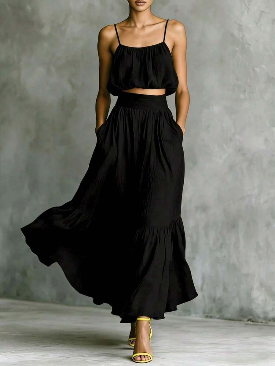 Bohemian Two-Piece Set For Women In Chiffon, With Short Camisole With Thin Straps And Long Skirt With Ruffled Hem. - Black - View 1