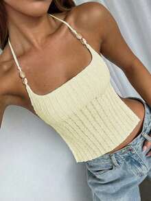 de tirantes ajustada de unicolor casual para mujer Vaiaye, con decoración de concha, textura de jacquard, adecuada para la playa, el Día de San Patricio y el trayecto al trabajo en verano - Amarillo - Ver 11