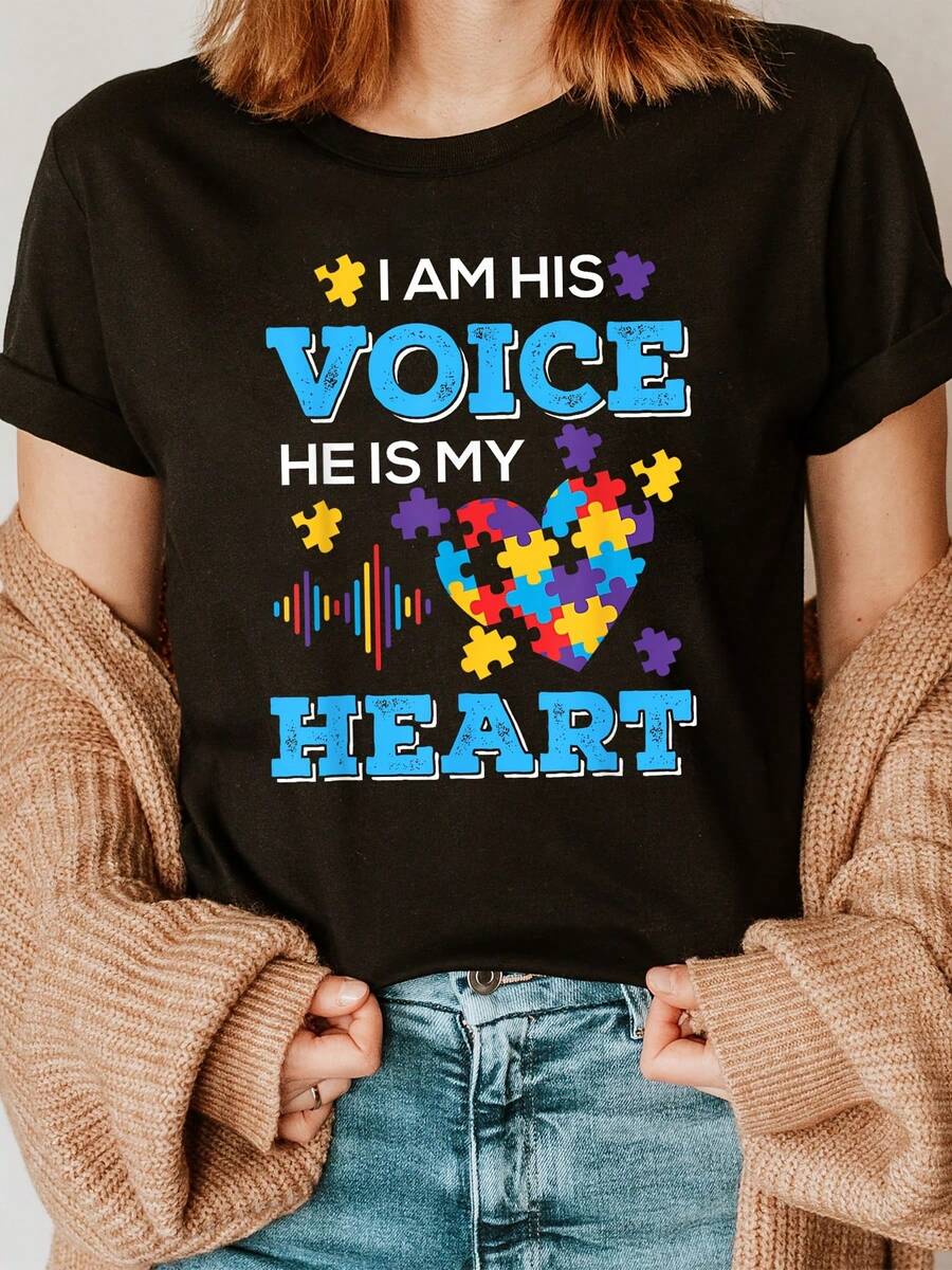 Y - T-Shirt With Heart Puzzle Print For Autism And Blue Voice Letter, Short Sleeve, Round Neck, Casual Top For Summer And Spring, Women's Clothing - 黑色 - 查看 1