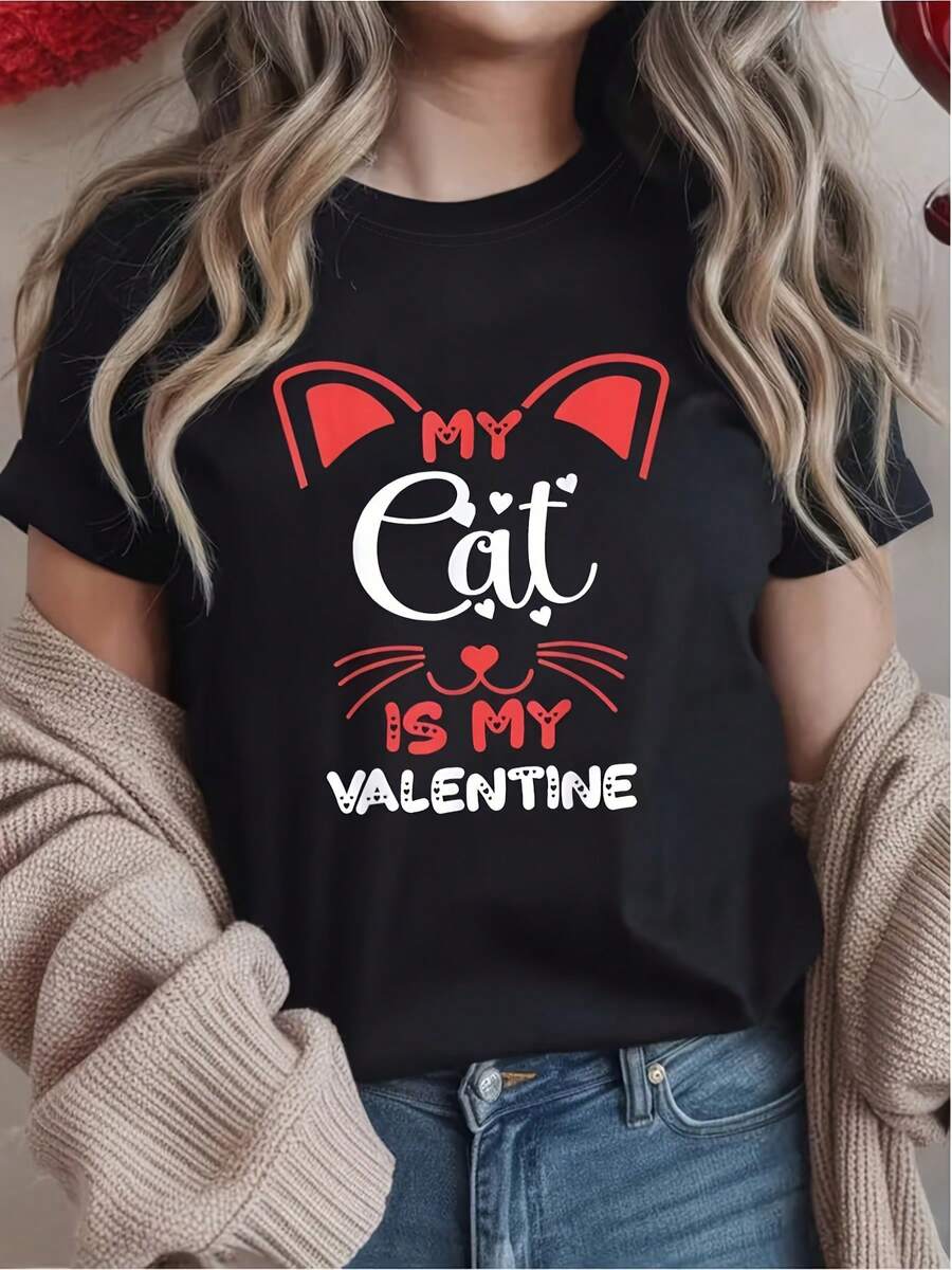 Women's "Cat Is Valentine" T-Shirt - Short Sleeve Top With Cat Ears And "CAT IS VALENTINE" Print - Cute And Cool Casual Blouse In Red And White For Cat Lovers, Spring/Summer Everyday Wear And Valentine's Day Outfits - 黑色 - 查看 1