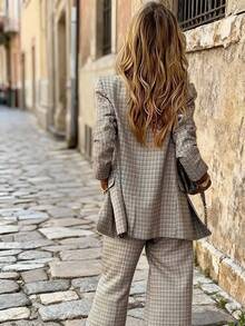 Conjunto de traje a cuadros ligero para mujer, chaqueta y pantalón de pierna ancha a medida, elegante y de moda, conjunto de 2 piezas para oficina en primavera - Café integral - Ver 2