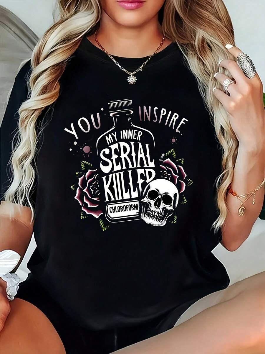 Plus Size Women's Plus Size Graphic Tee With Skull And Rose, Slogan "Inspire My Heart, Kill My Chemistry", Casual Crew Neck Short Sleeve Top - 黑色 - 查看 1