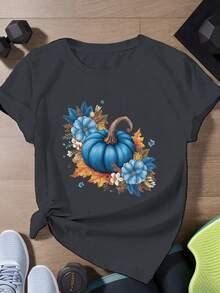 Women's Short Sleeve Sports T-Shirt With Pumpkin Flower Print - A Very Distinctive Printed T-Shirt / Unisex Style / Suitable For Both Men And Women / Wrinkle-Resistant / Breathable - 黑色 - 查看 7