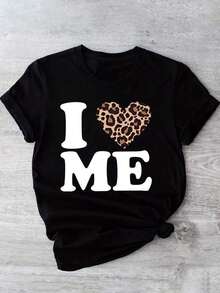 "I ME" 1 Piece Women's Short Sleeve T-Shirt With Round Neck And Leopard And Heart Print, Casual And Comfortable For Daily Wear, Combination Of Print And Comfortable Round Neck, Perfect Choice For Your Summer. - 黑色 - 查看 7