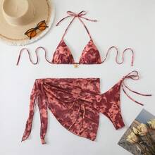 Nuevo traje de baño para mujer en estilo ins, bikini sexy con estampado y lazos. - Marrón rojizo - Ver 12