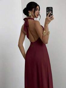 Vestido largo suelto sin mangas y sin espalda, elegante para vacaciones y fiestas, romántico y de moda para el verano, la playa - Burdeos - Ver 6