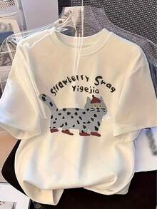 Women's 100% Pure Cotton Short Sleeve T-Shirt With Kitten Print - Casual And Modern Crew Neck T-Shirt, Versatile And Adorable With Animal Design - 白色 - 查看 4