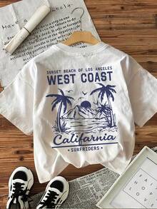-Short-Sleeved, Double-Sided Crew Neck Shirt With WEST Letter And Coconut Tree Print, Men's Summer Outfit. - White - View 2