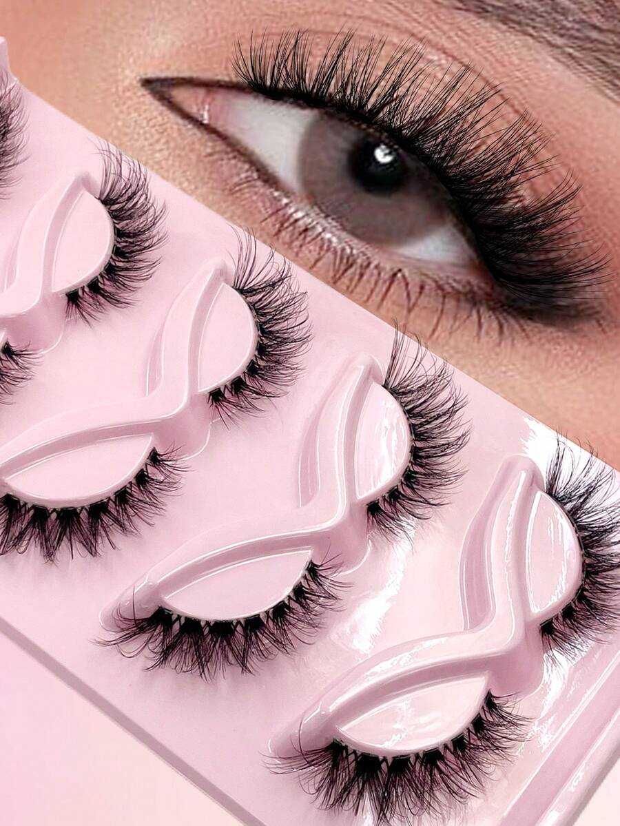 ENCHUW 5 paires de faux cils naturels effet œil de chat désordonnés, bande transparente, look œil de chat, cils vaporeux, extrémités allongées, bande complète, doux, naturel et réaliste - Noir - Voir 1