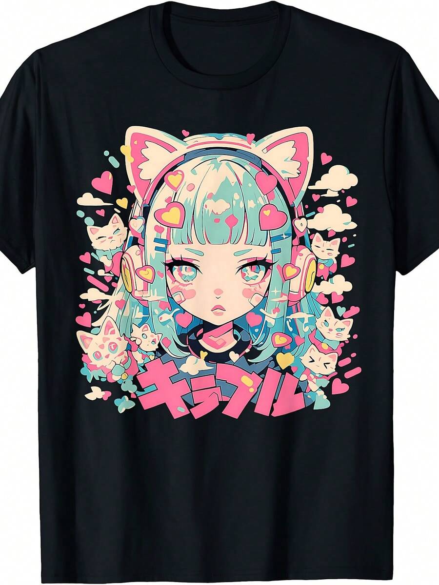 Camiseta estampada para mujer con ilustración de chica de anime - camiseta casual de manga corta y cuello redondo en color negro, diseño de chica de anime con cabello verde azulado y orejas de gato, corte relajado para todas las estaciones, perfecta para uso diario y vacaciones, lavable aáquina. - Negro - Ver 1