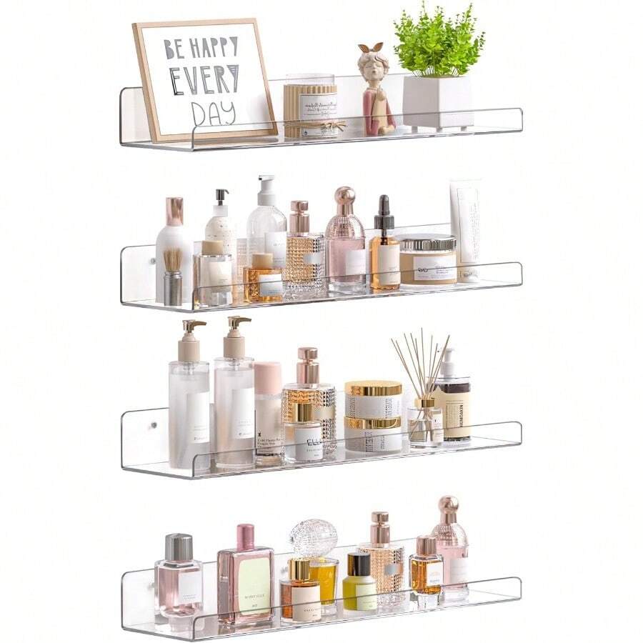 Acrylic Shelves For Bathroom Storage, 15" Floating Shelves Wall Organizer For Perfume, Make Up, Skincare, Bookshelf For Bedroom, Nursery, Living Room Decor, Clear, 4 Pack - Clear - View 1