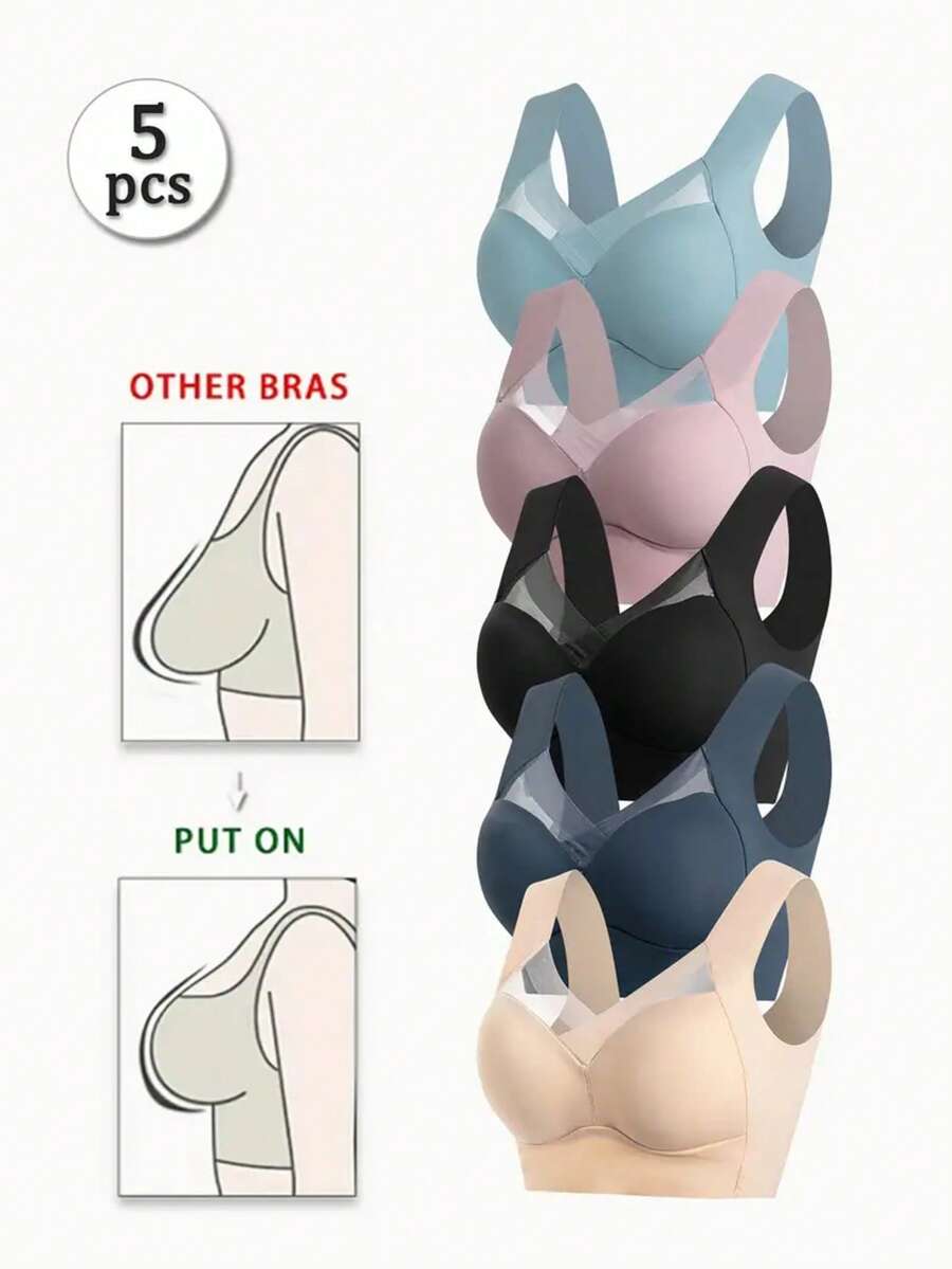 5pcs Fixed Cup Summer Bra,Ice Silk Seamless Women's,Side Boob Reduction,Sexy Backless Sports Bra Breathable,Featuring A High-Strength Vest-Style Cut