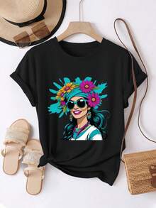 Camiseta de mujer, cómoda y casual, de manga corta y cuello redondo, con estampado floral de chica, colores brillantes, estilo único, longitud regular, adecuada para todas las estaciones, moda diaria, ideal para la ropa de mujer de primavera y verano. - Negro - Ver 1