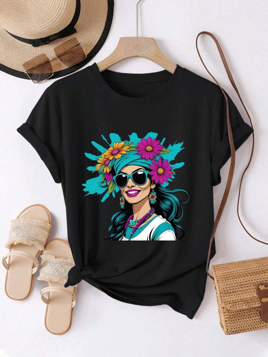 Camiseta de mujer, cómoda y casual, de manga corta y cuello redondo, con estampado floral de chica, colores brillantes, estilo único, longitud regular, adecuada para todas las estaciones, moda diaria, ideal para la ropa de mujer de primavera y verano. - Negro - Ver 1