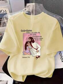 Women's One-Piece T-Shirt With Jesus Hugging Print, Short-Sleeved T-Shirt For Spring/Summer, The Perfect Holiday Gift, Comfortable And Versatile Casual Top With Elements Of Faith. Cotton T-Shirt - 杏色 - 查看 7