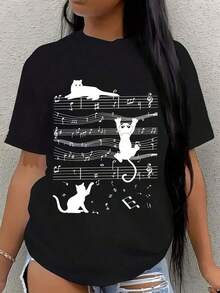 Camiseta De Manga Corta Con Estampado De Gato Y Nota Musical Impresa En Algodón Puro Estilo Retro Hip-Hop, Parte Superior De Manga Corta Con Estampado De Calle Y2K, Camiseta Ortiva Adecuado Round Neck Printed Short Sleeve Casual Everyday T-Shirt, They Are Excellent Gifts For Friends And Family,100% Cotton T-Shirts Feature, A Youthful And Fashionable Design Blusas Para Mujer Camisa - Negro - Ver 6