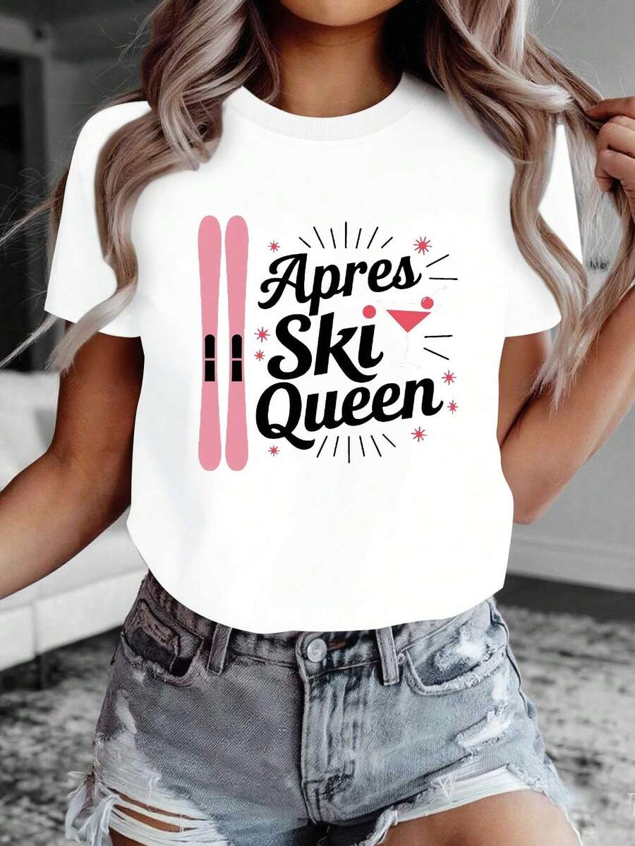 New Fashion T-Shirt For Women With Round Neck 2026 Ski Pink Ski Cocktail, Cotton T-Shirt For Women, Versatile Design Ready For Summer. - 白色 - 查看 1